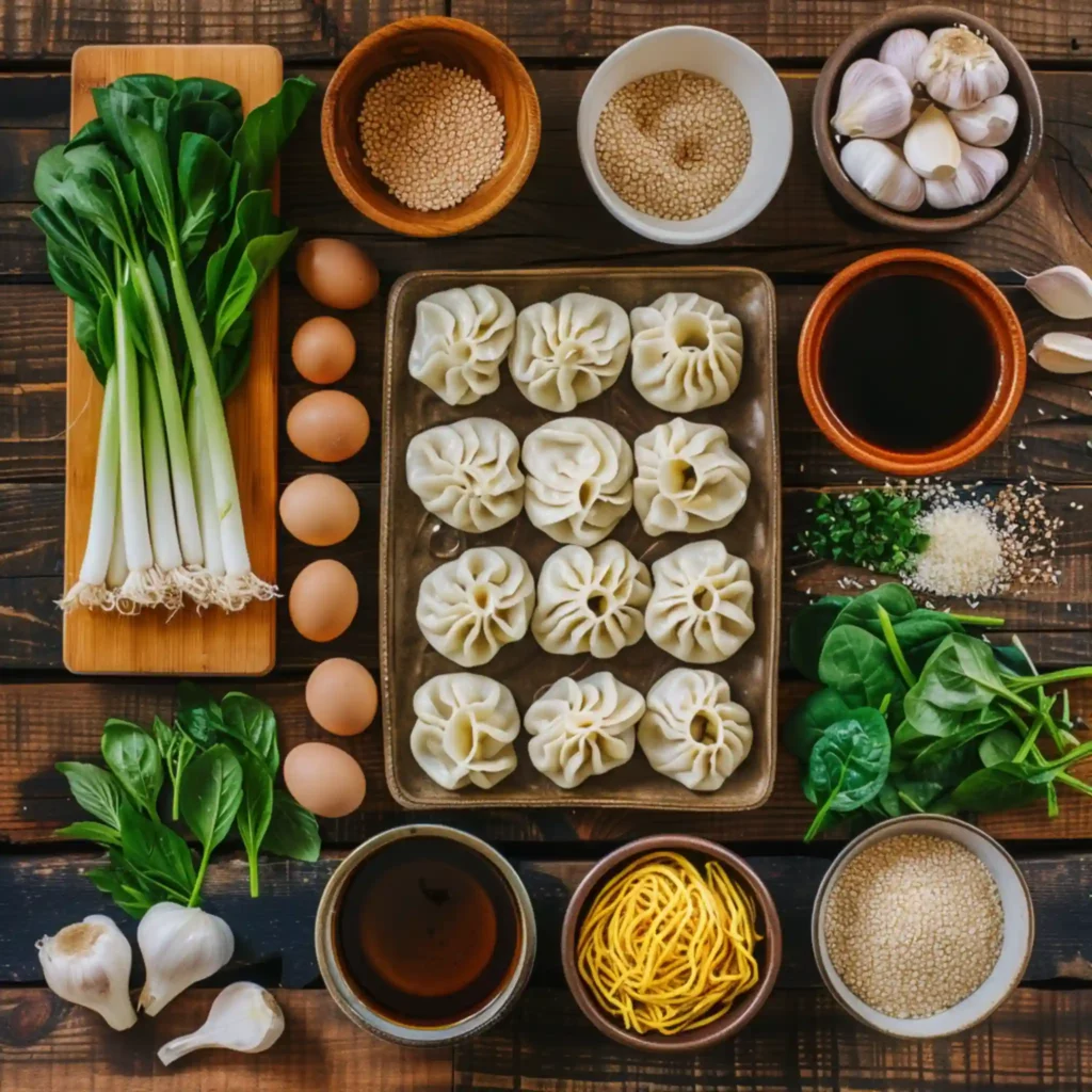 Ingredients for dumpling ramen bowl with soft-boiled eggs and fresh greens.