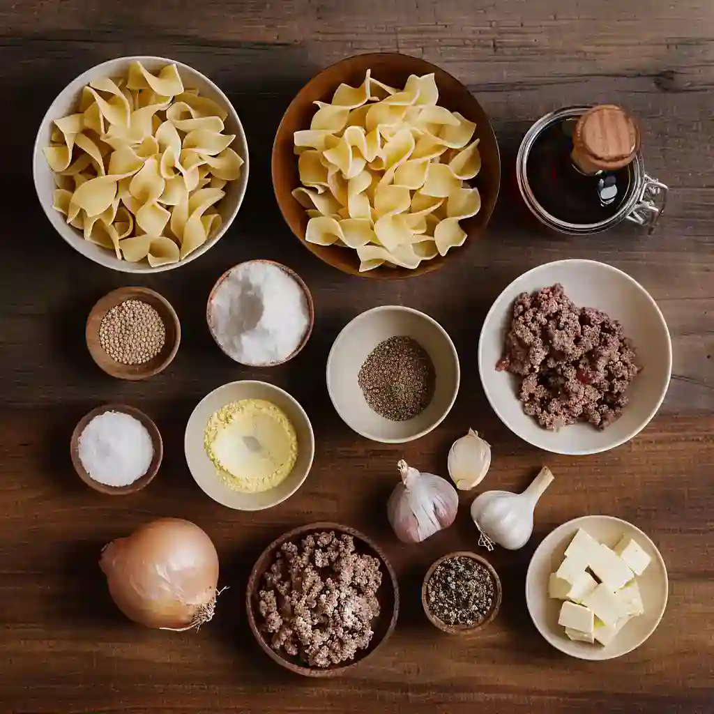 Ingredients for easy beef and noodles recipe on wooden table