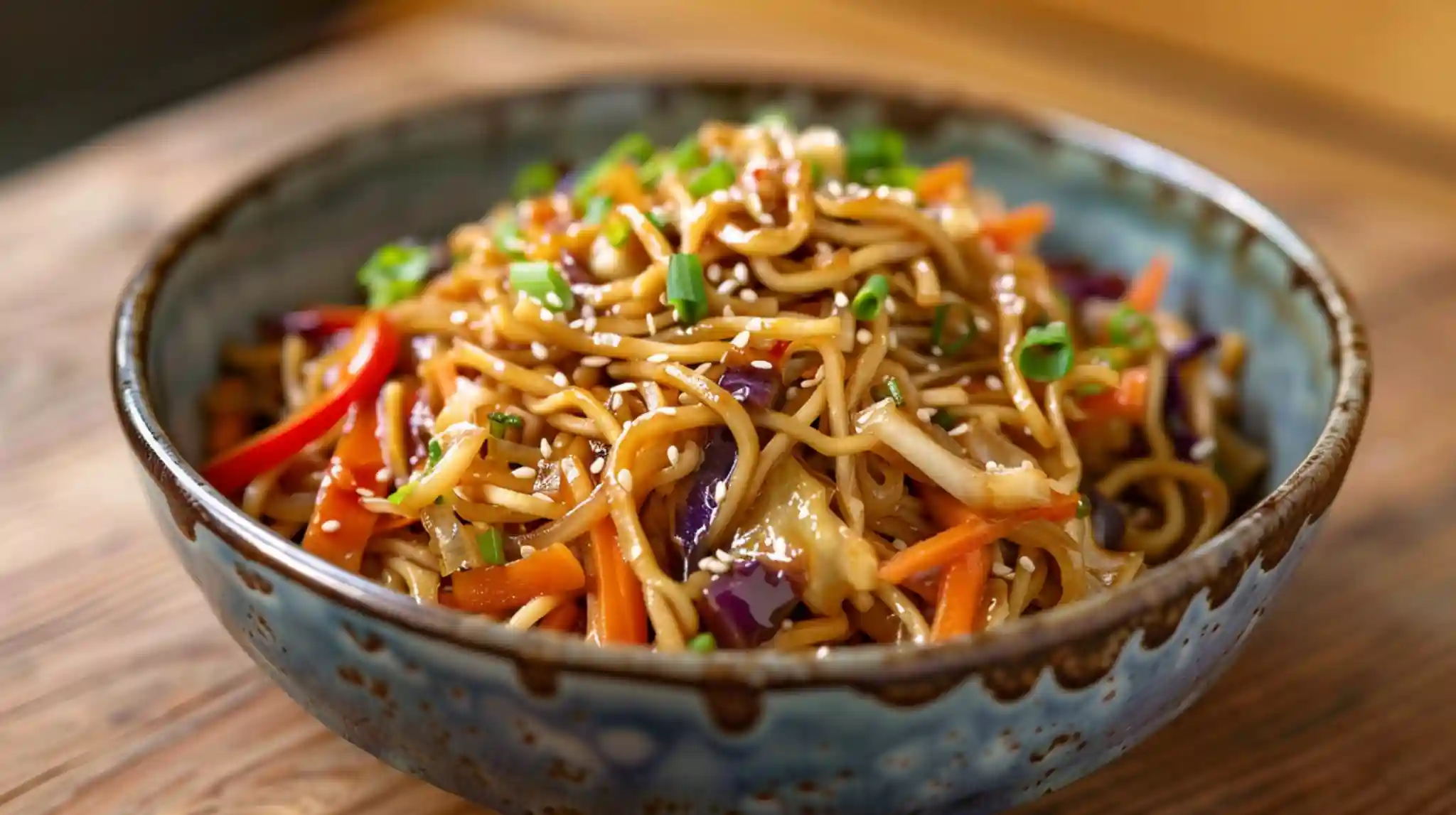 Easy vegetable chow mein served in ceramic bowl