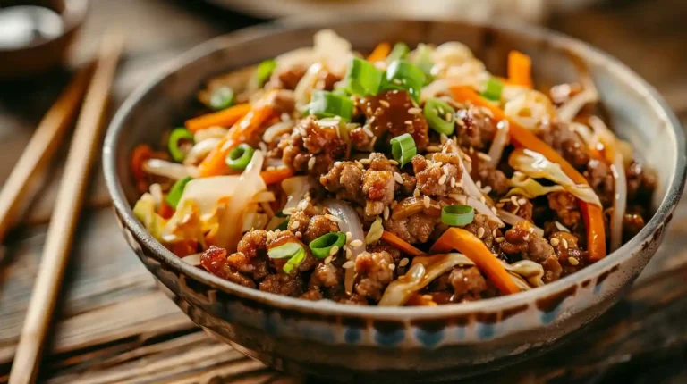 egg roll in a bowl with ground meat, cabbage, carrots, and sesame seeds