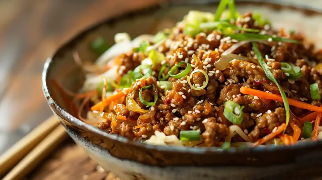egg roll in a bowl topped with green onions and sesame seeds
