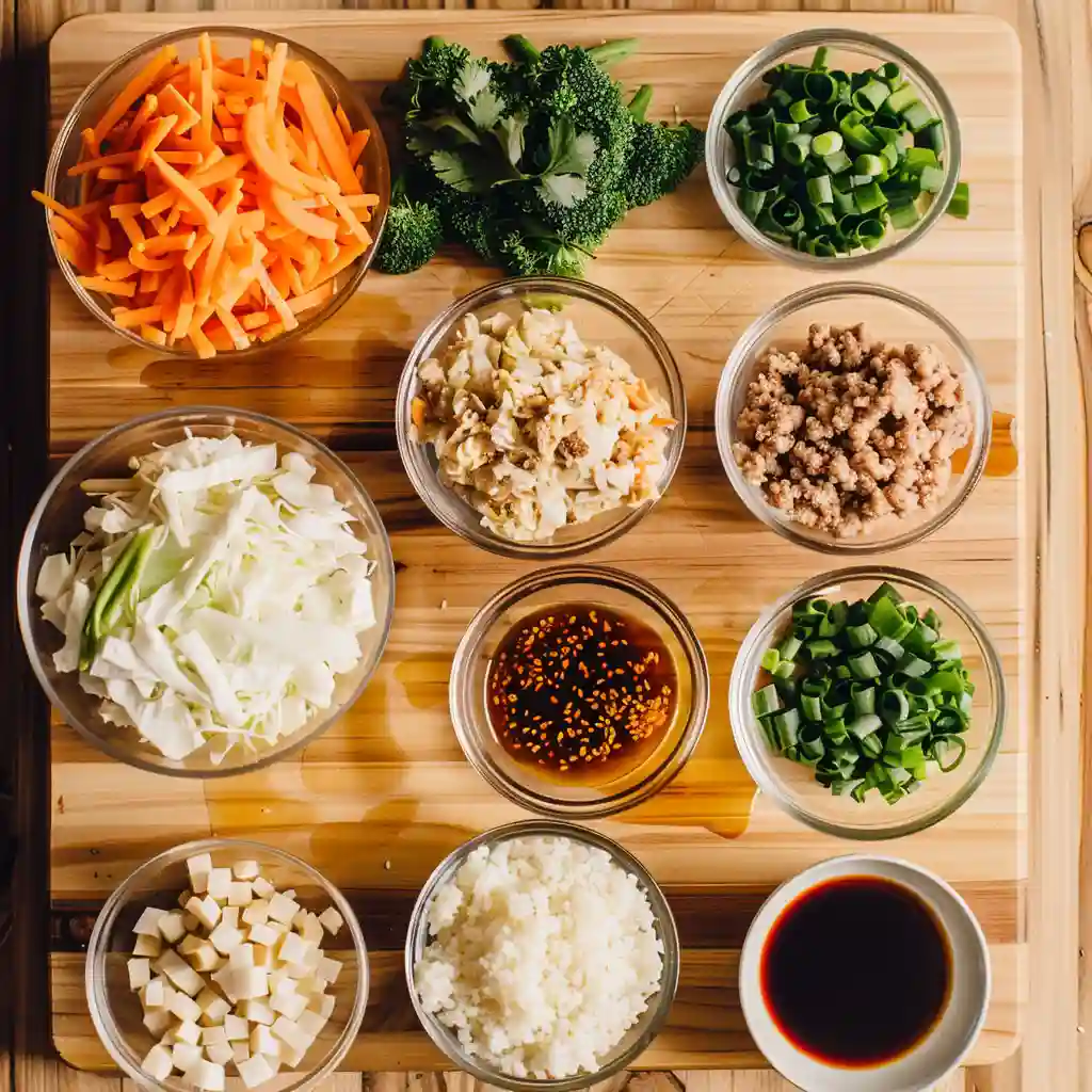 ingredients for egg roll in a bowl including ground meat, cabbage, carrots, and sauces