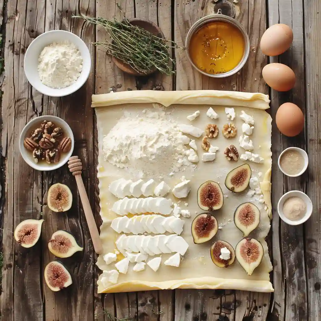 Ingredients for fig and goat cheese pinwheels on wooden background