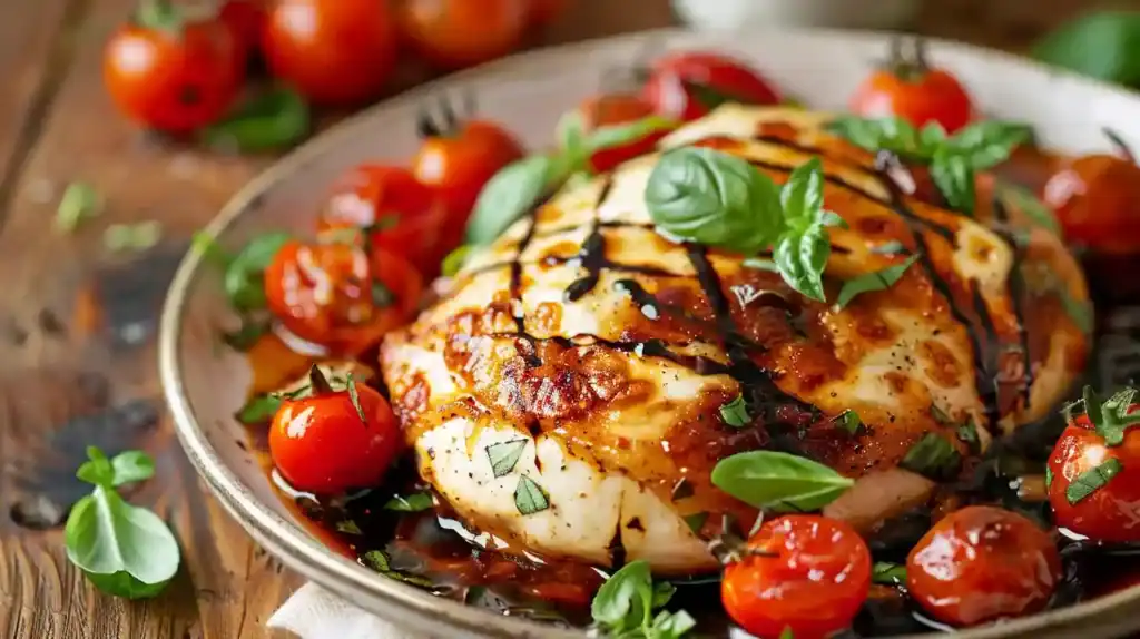 Garlic tomato chicken with mozzarella cheese, cherry tomatoes, and basil served in a rustic dish