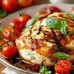Garlic tomato chicken with mozzarella cheese, cherry tomatoes, and basil served in a rustic dish