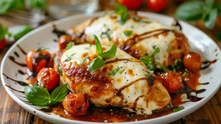 Baked garlic tomato chicken with mozzarella and cherry tomatoes on a white plate