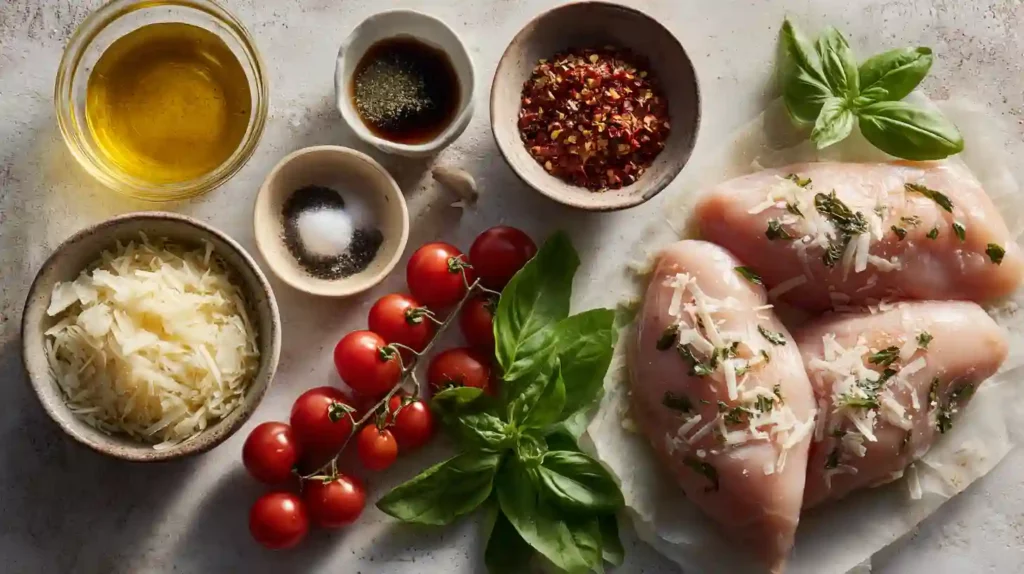 Fresh ingredients for garlic tomato chicken with mozzarella including raw chicken, basil, and tomatoes