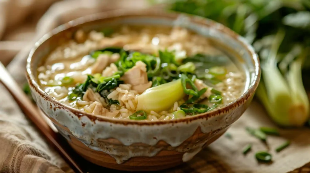 Ginger Chicken and Rice Soup with Bok Choy in rustic ceramic bowl