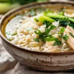 Ginger Chicken and Rice Soup with Bok Choy served fresh