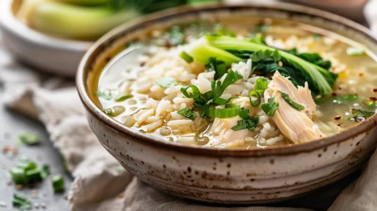 Ginger Chicken and Rice Soup with Bok Choy served fresh