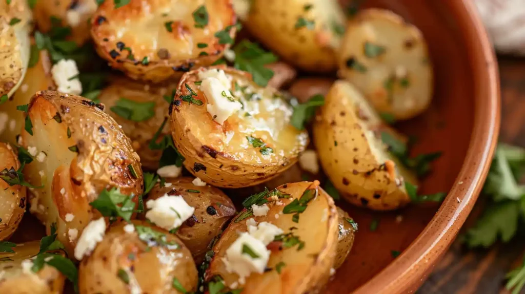 Golden brown Greek feta roast potatoes with herbs