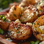 Crispy Greek feta roast potatoes in a terracotta dish