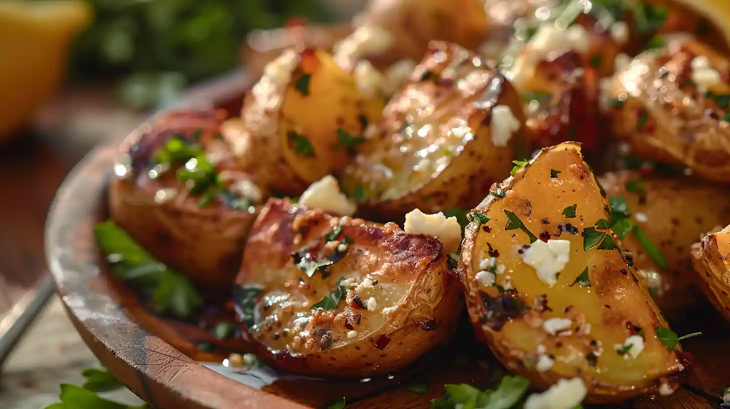 Crispy Greek feta roast potatoes in a terracotta dish
