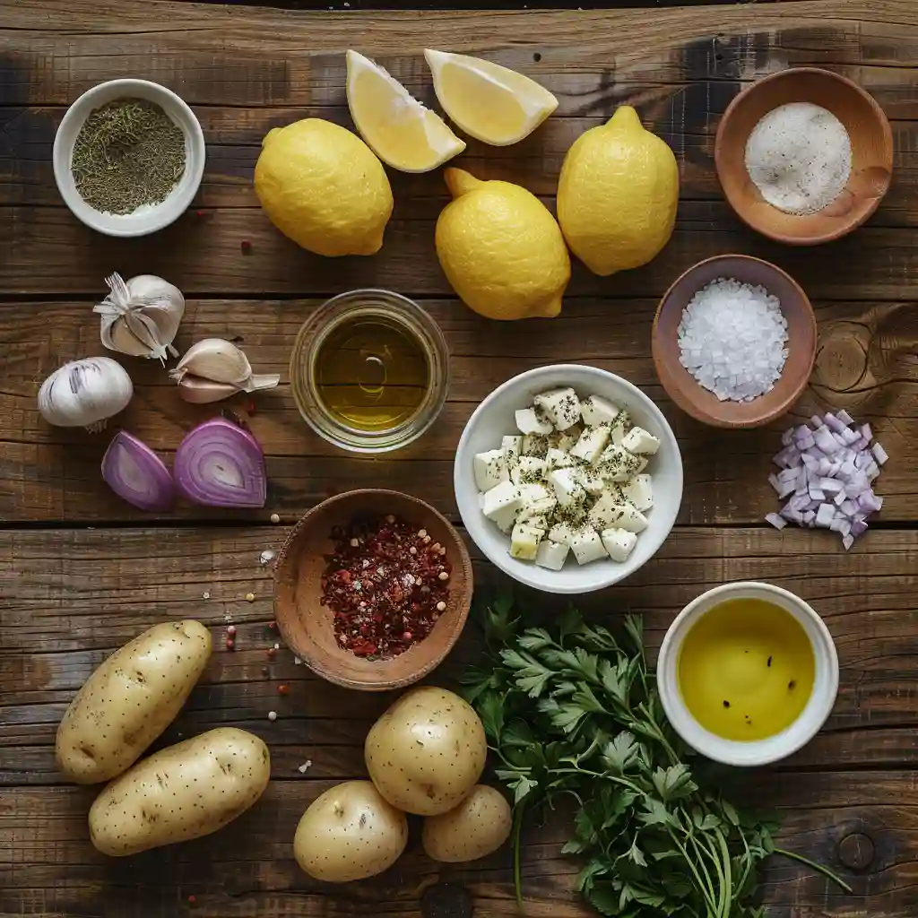 Ingredients for Greek feta roast potatoes laid out on wood
