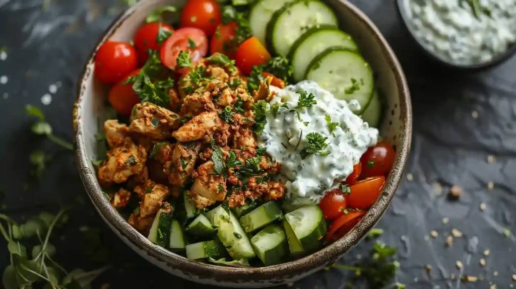 Greek Ground Chicken Bowls with tzatziki, cucumber, and cherry tomatoes