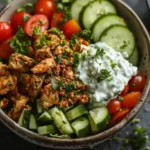 Greek Ground Chicken Bowls with tzatziki, cucumber, and cherry tomatoes