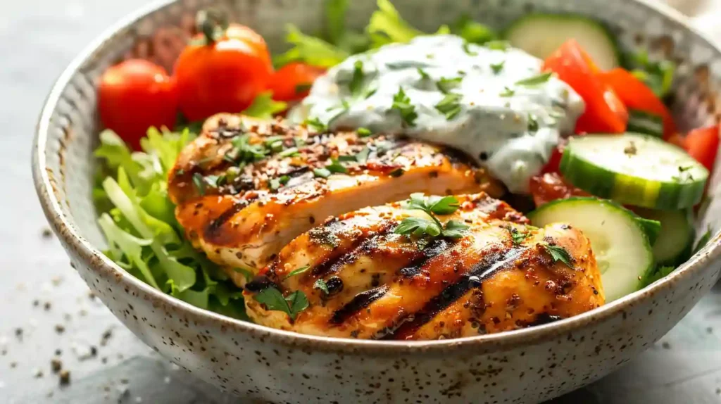 Greek Ground Chicken Bowls with grilled chicken and tzatziki