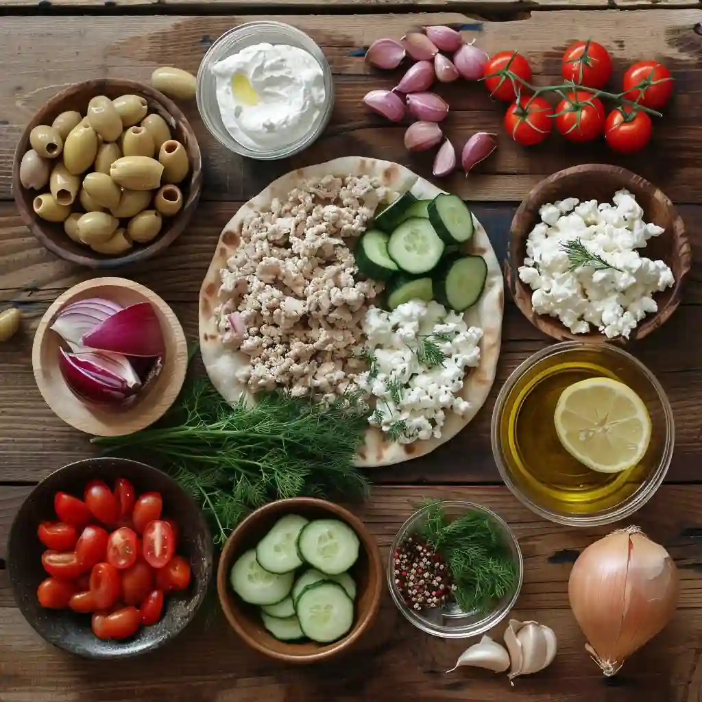 Greek Ground Chicken Bowls ingredients on wooden background
