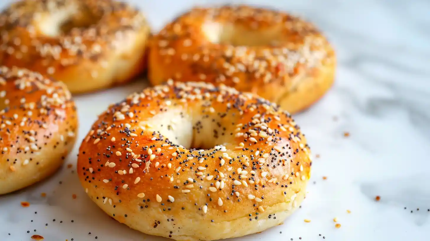 Freshly baked Greek yogurt bagels with golden crust and seed topping