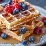 Healthy protein waffles recipe topped with berries and maple syrup