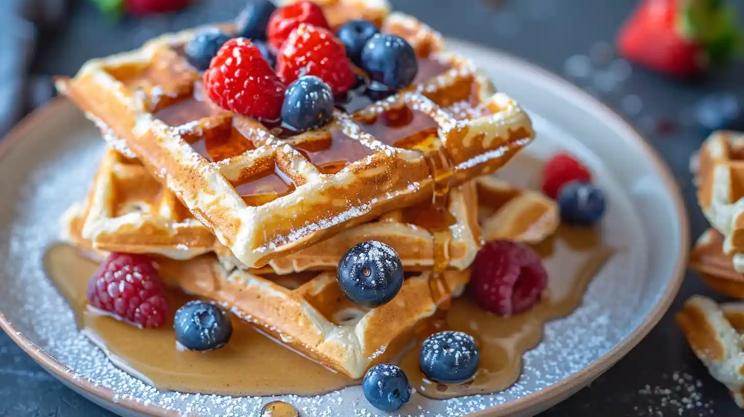 Healthy protein waffles recipe topped with berries and maple syrup
