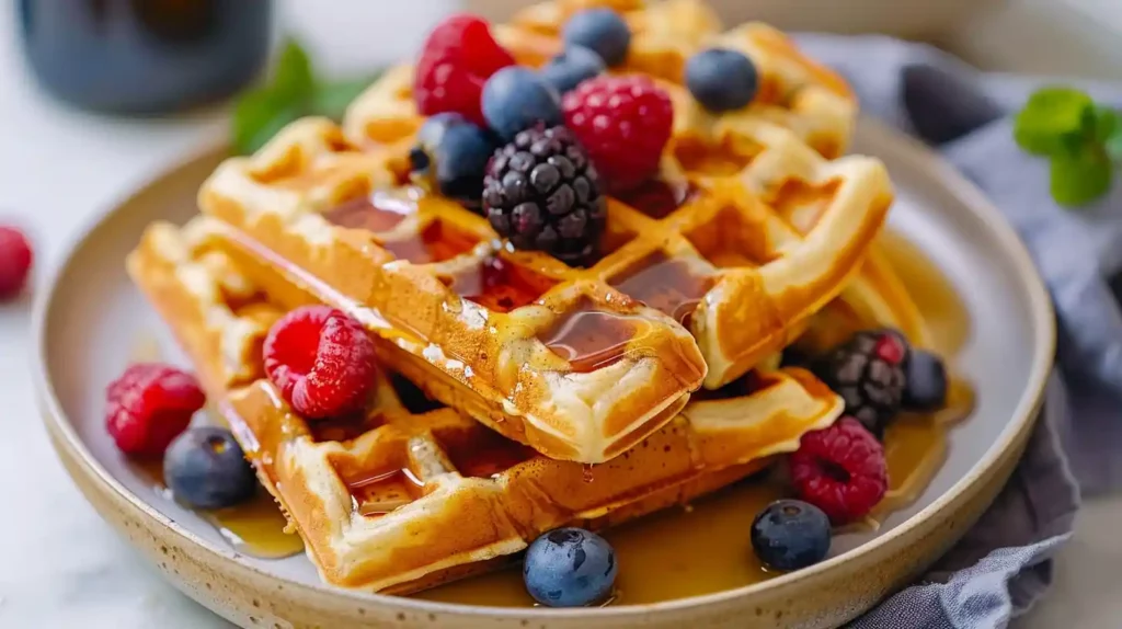 Stacked healthy protein waffles with powdered sugar and fresh fruit