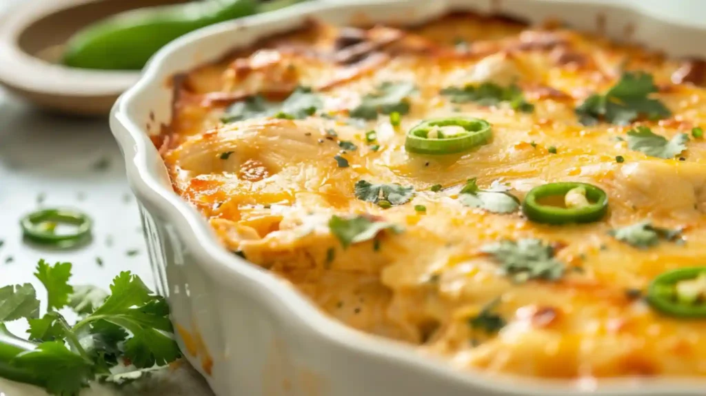 Healthy Salsa Verde Chicken Casserole fresh from the oven