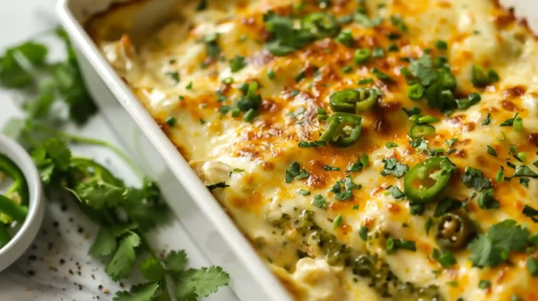 Cheesy Healthy Salsa Verde Chicken Casserole in white baking dish