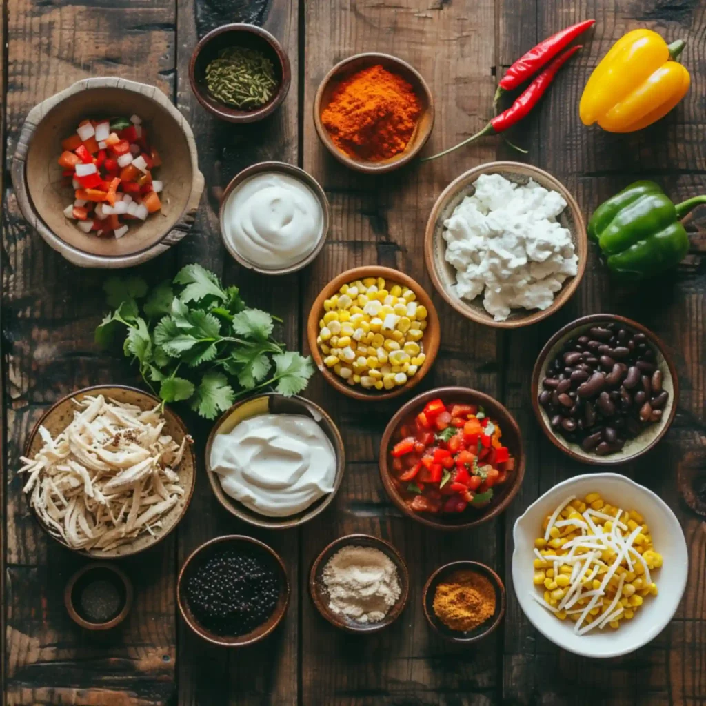 Ingredients for Healthy Salsa Verde Chicken Casserole laid out on wooden table