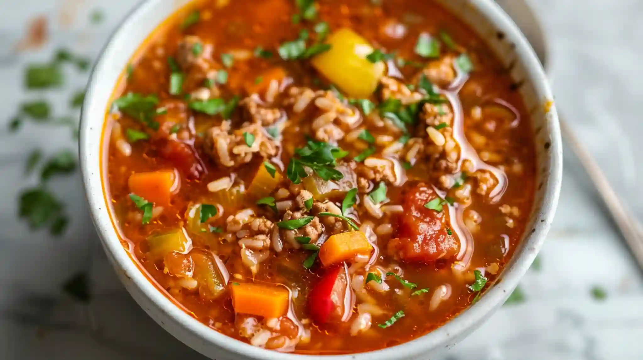 High Protein Stuffed Pepper Soup in a bowl