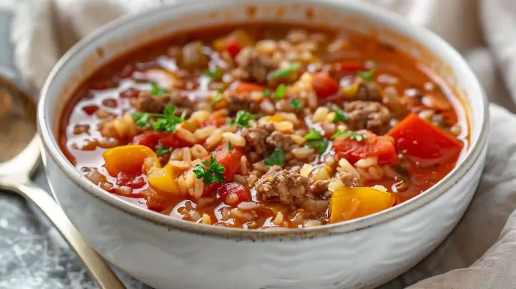 High Protein Stuffed Pepper Soup with parsley garnish