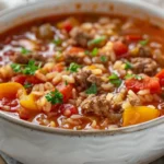 High Protein Stuffed Pepper Soup with parsley garnish