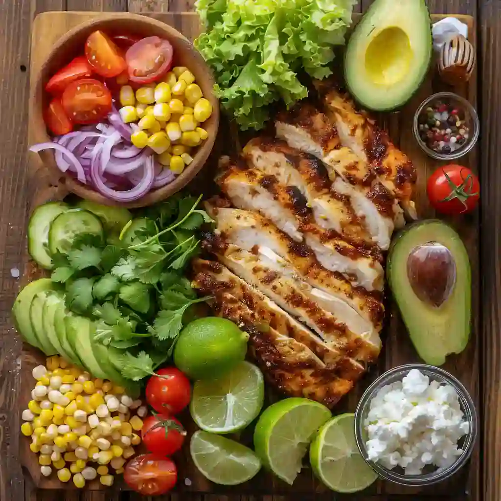 Ingredients for honey lime chicken and rice bowls including raw chicken, honey, limes, spices, and vegetables