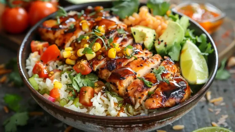 Honey lime chicken & rice bowl with avocado, corn, cherry tomatoes, and lime wedges