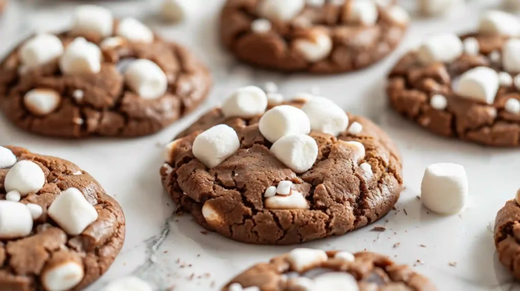 Hot chocolate cookies with mini marshmallows on marble surface
