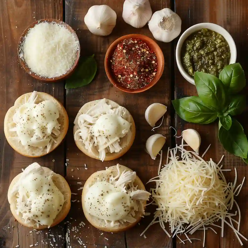 Ingredients for cheesy garlic pesto chicken sliders
