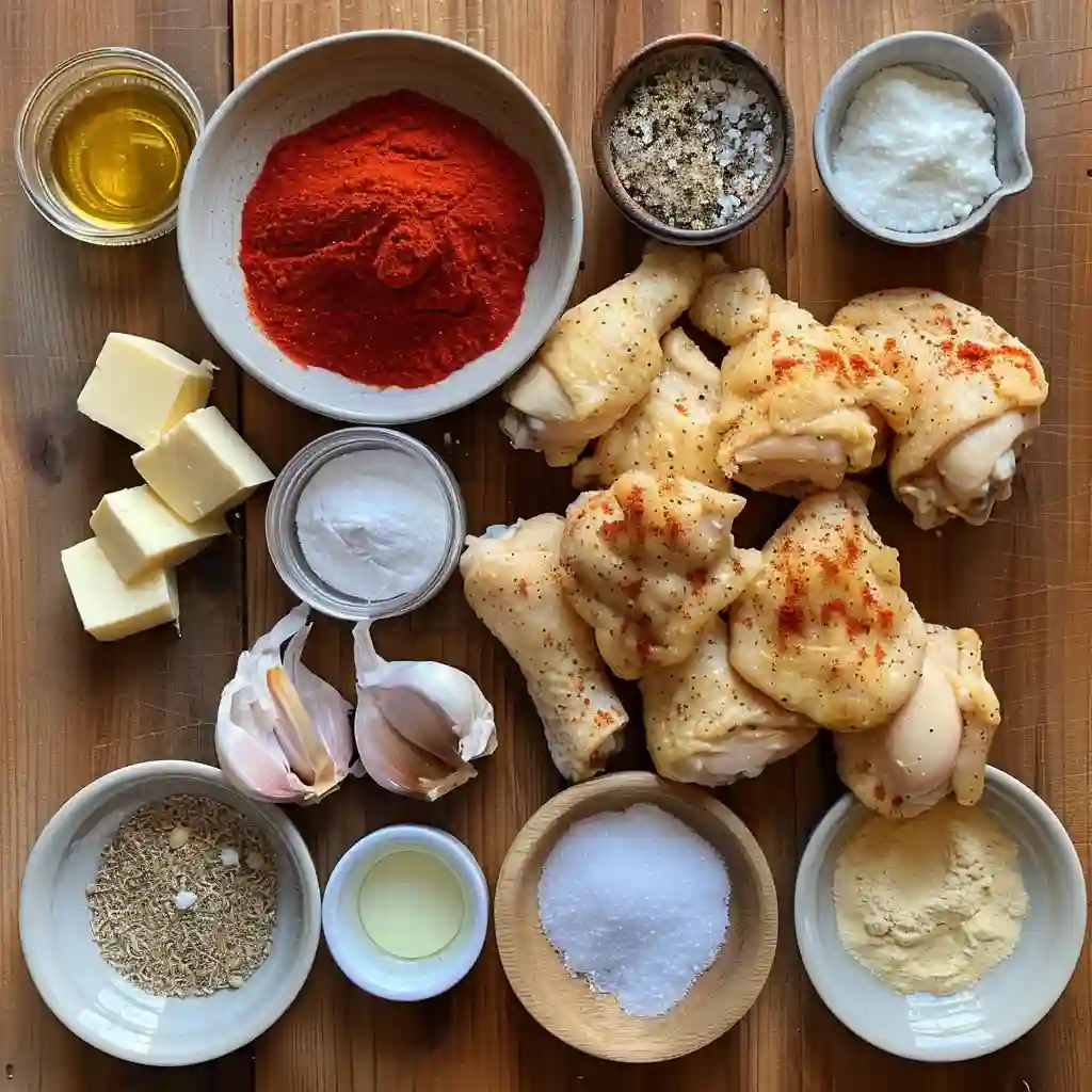 Ingredients for making crispy fried chicken, including spices, butter, and raw chicken pieces