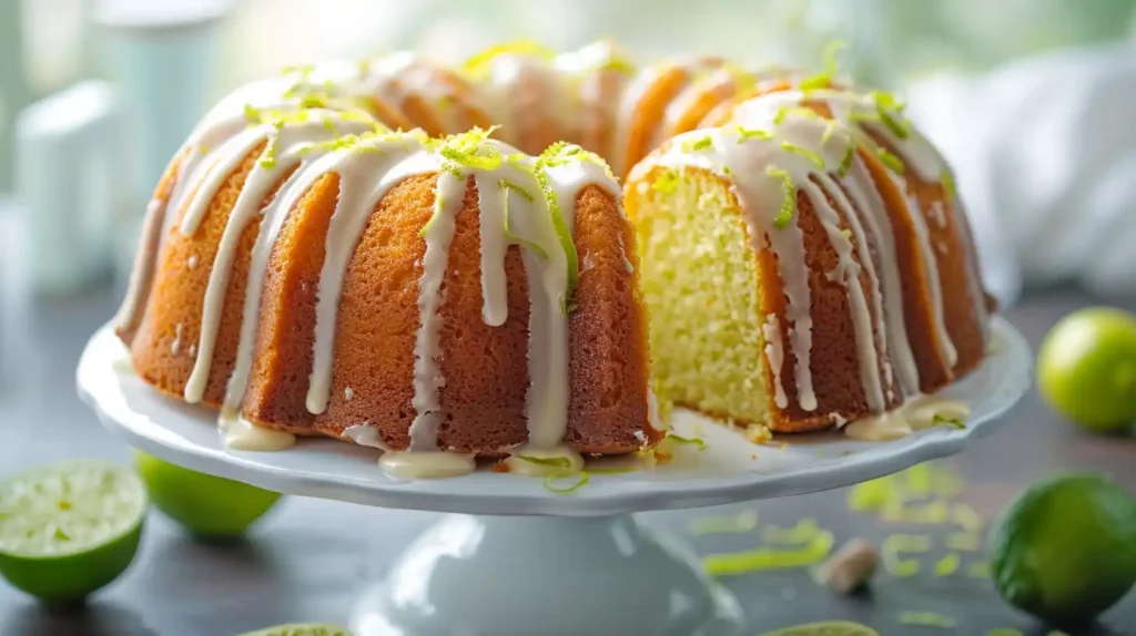 Moist & Tangy Key Lime Pound Cake sliced open with lime zest and glaze topping