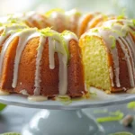 Moist & Tangy Key Lime Pound Cake sliced open with lime zest and glaze topping