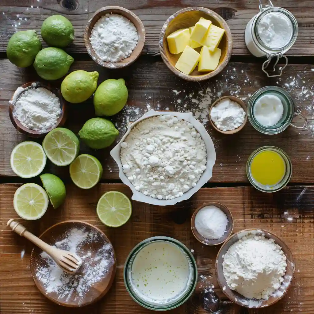 Key lime pound cake ingredients including limes, flour, butter, and sugar