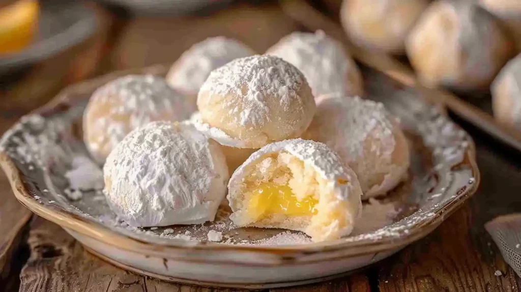 Bright & Buttery Lemon Cream Snowball Cookies dusted with powdered sugar on a vintage plate