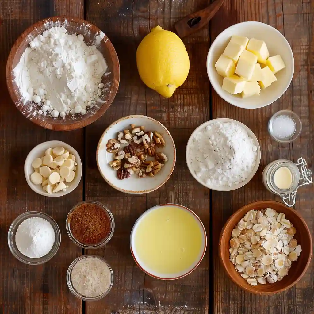 Ingredients for lemon snowball cookies including lemon, flour, and butter