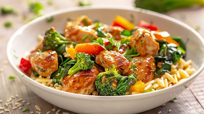 Lemon Chicken & Veggie Orzo Stir Fry with saut&eacute;ed vegetables