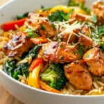 Colorful Lemon Chicken & Veggie Orzo Stir Fry in white bowl