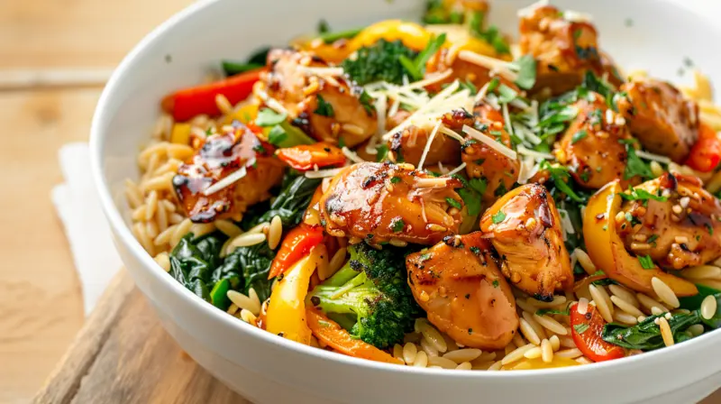 Colorful Lemon Chicken & Veggie Orzo Stir Fry in white bowl