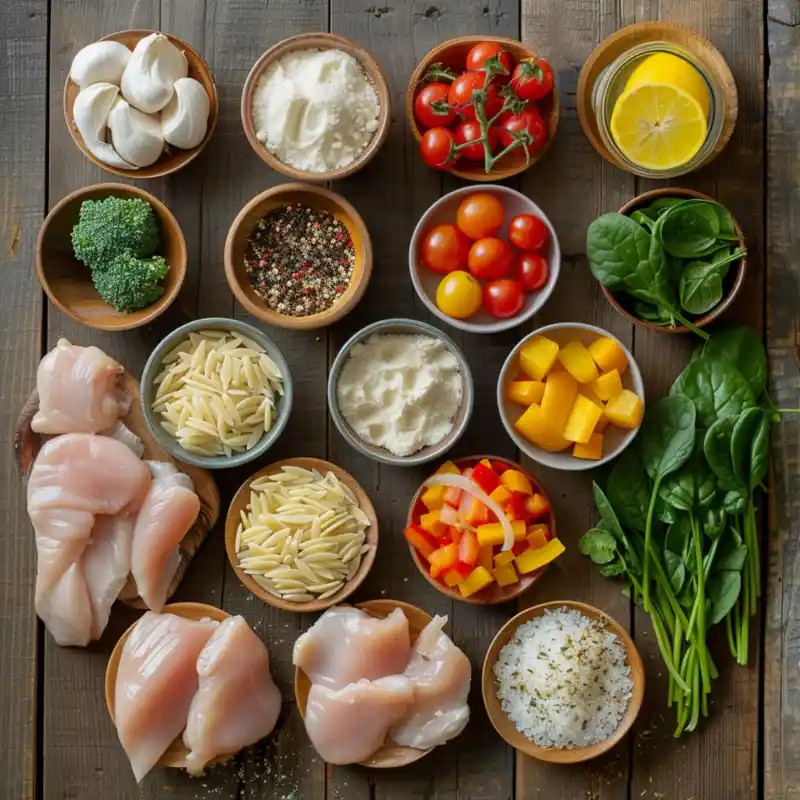 Ingredients for Lemon Chicken & Veggie Orzo Stir Fry on wood