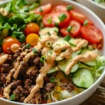 Loaded burger bowl with special sauce and fresh vegetables