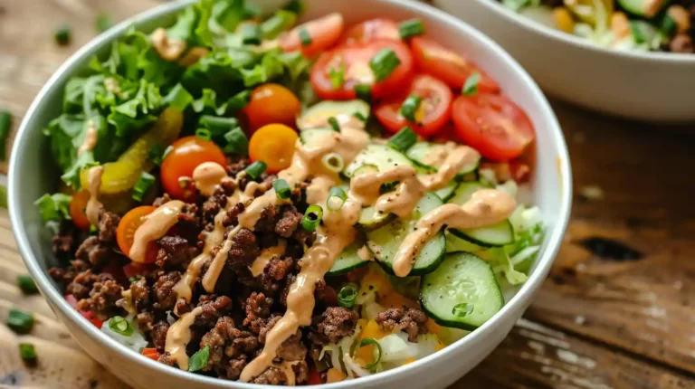 Loaded burger bowl with special sauce and fresh vegetables