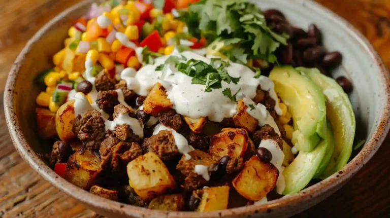 Loaded Potato Taco Bowl with seasoned beef and creamy dressing