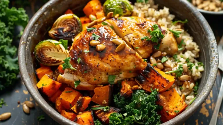 maple dijon chicken bowl with sweet potatoes, brussels sprouts, and brown rice